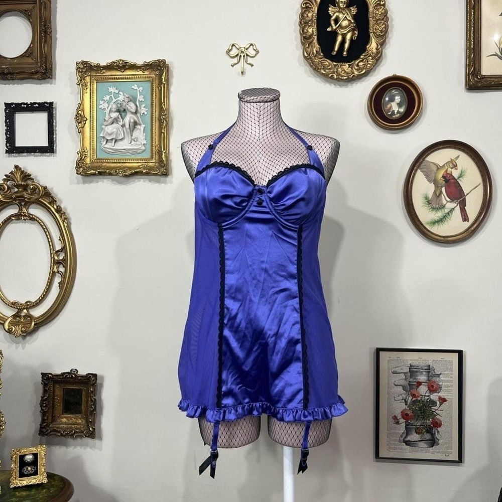 Vintage Frederick's of Hollywood Electric Purple Satin Mesh Babydoll Lingerie